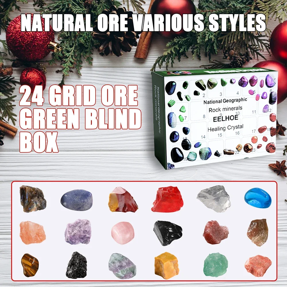 New Christmas Advent Calendar Healing Crystal Mineral Gift Box Kids with Rock Stone Collections Pebbles Polished Gravel