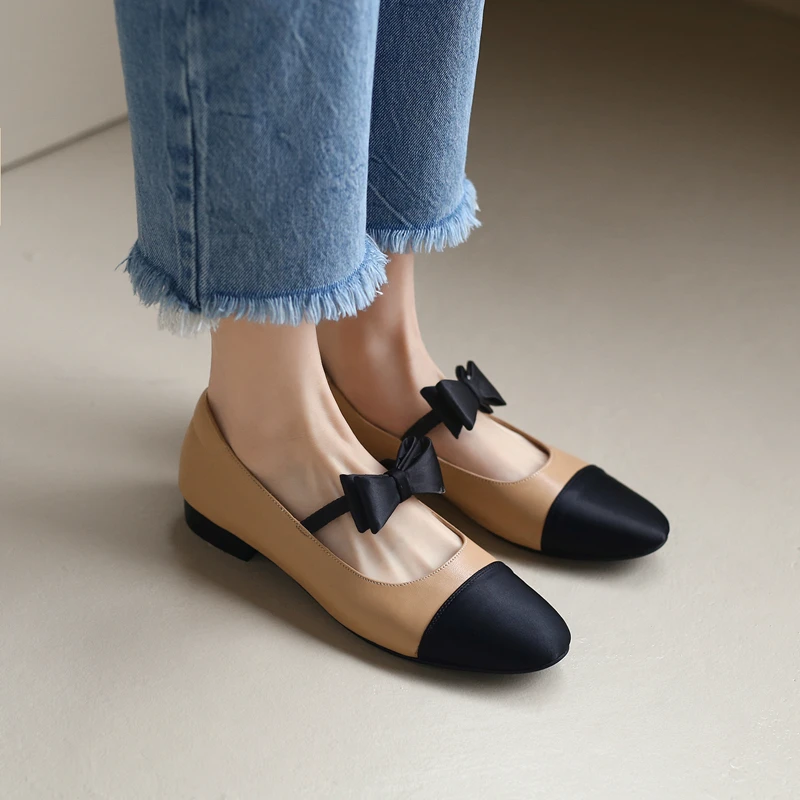 

Women’s Shoes Flats Patchwork Soft Sheeskin Ballet Flats Round Toe Womens Design Mocasines With Bowtie Slip On Ladies Shoes