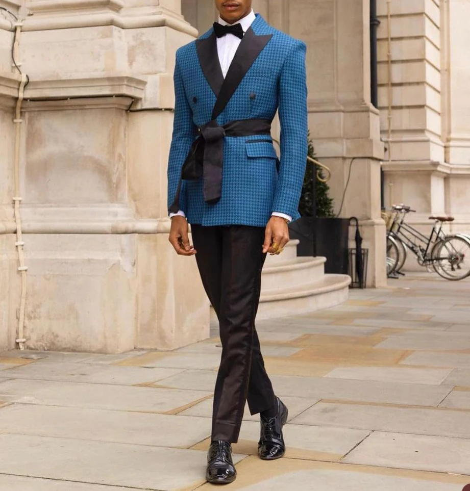 Blue Houndstooth Men Suit Tailor-Made 2 Pieces Blazer Black Pants Tuxedo With Belt Modern Business Wedding Groom Prom Tailored