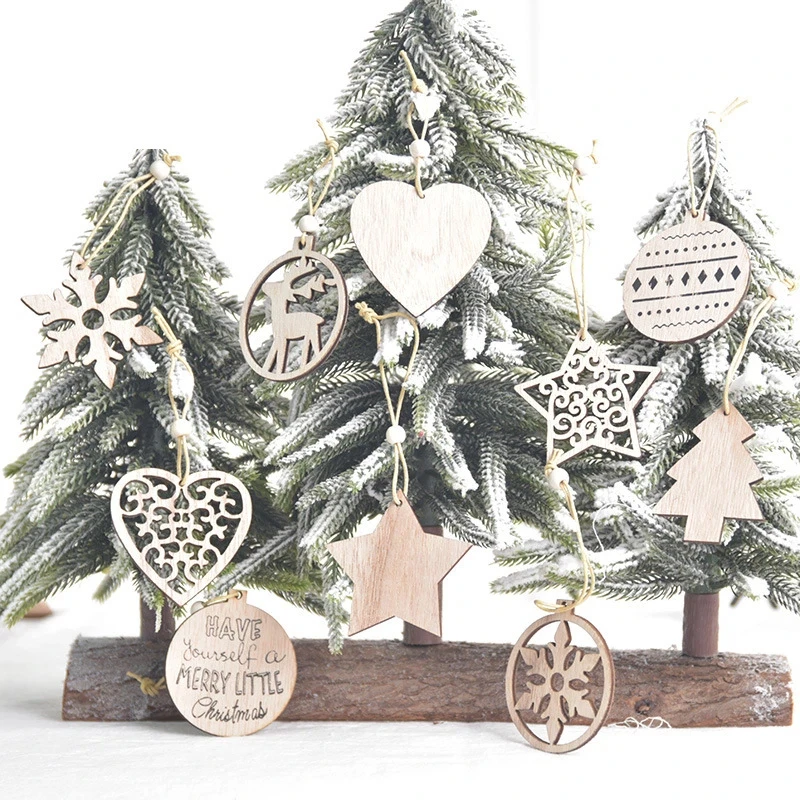 12Pcs Christmas Wooden Hollow Hanging Decoration Christmas Snowflake Elk Pentagram Hanging Decor Home Holiday Christmas Decor