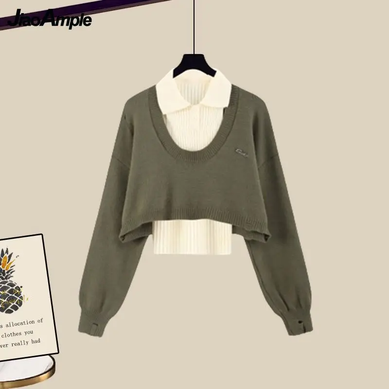 Women Spring Autumn New Vintage Knit Sweater+Vest+Denim Midi Skirt 3-piece Suit 2025 Korean Elegant Pullover Dress Matching Set 6