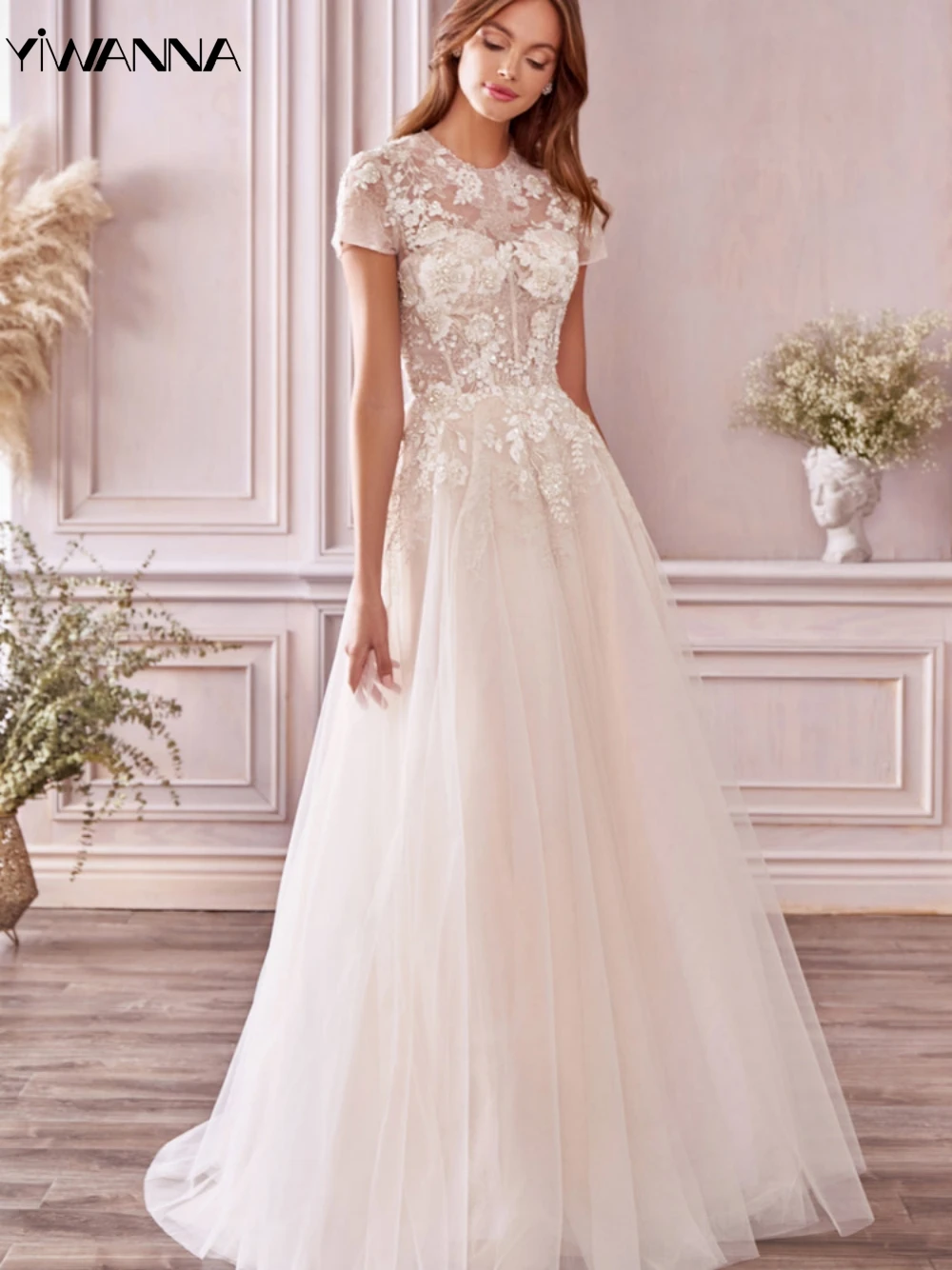 

Simple O-neck Short Sleeve Wedding Dress Classic Lace Appliques Dress For Bride Graceful A-line Long Bridal Gown Robe De Mariée