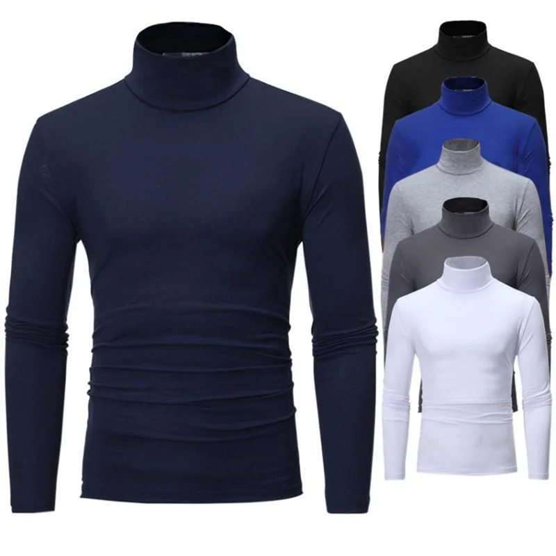 Autumn Winter Men's Thermal Long Sleeve Roll Turtleneck T-Shirt Solid Color Tops Male Slim Basic Stretch Tee Top T-shirts