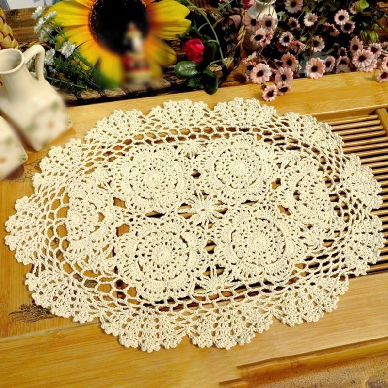 

Oval Placemat Table Place Mat Vintage Hand Crochet Cotton Lace Doilies Floral Beige/White Kitchen Tools Gadgets Accessories