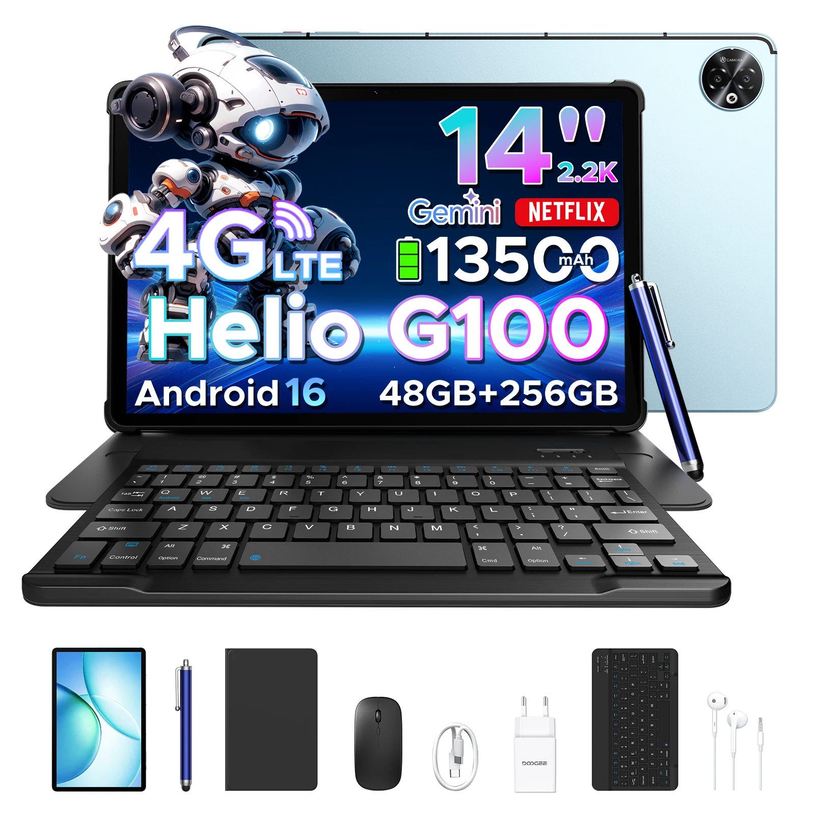 DOOGEE Tablet PC 2 in 1 Tab E3 Max battery 13500mAh Gmini AI 14 screen 2.2K 48GB(8+40) 256GB Helio G100 AI Tablet Android 16