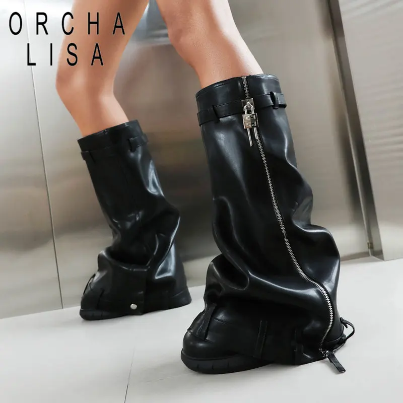 

ORCHA LISA Luxury Female Knee High Boots Round Toe Wedges Heel 9.5cm Zipper with Lock Large Size 46 47 48 Fashion Women Booties