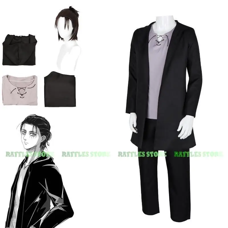 

Eren Jaeger Cosplay Costume Anime Attack on Titan Final Season Wig Suits Halloween Eren Cosplay Party Clothes Black Trench Coat