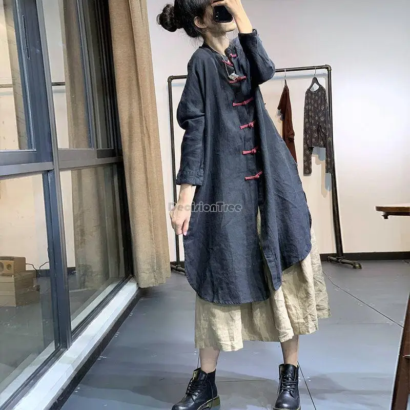 2023 new chinese style qipao button design long coat dress casual retro style women loose casual daily cheongsam blouse g579