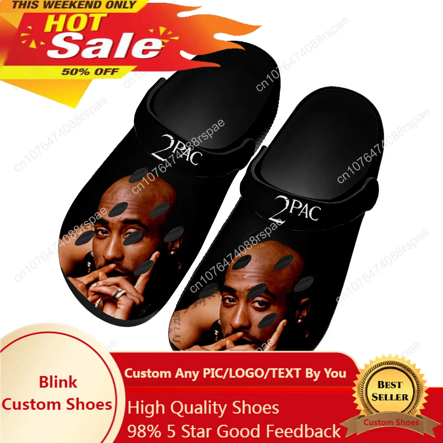

2Pac Hip Hop Rapper Tupac Pop Home Clogs Custom Water Shoes Mens Womens Teenager Shoes Clog Breathable Beach Hole Slippers Black