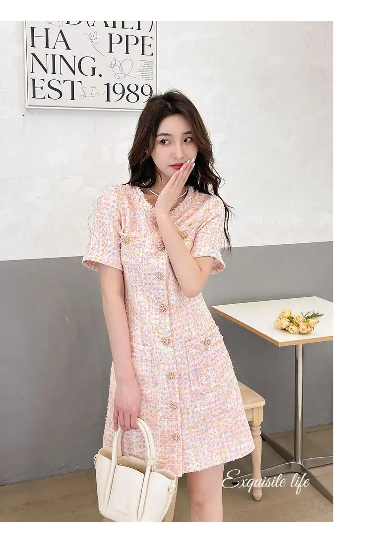 2025 봄 여름 가을 트위드 스웨터 드레스 반팔 스위트 슬림핏 핑크 다용도 데이투나잇 드레스 ?