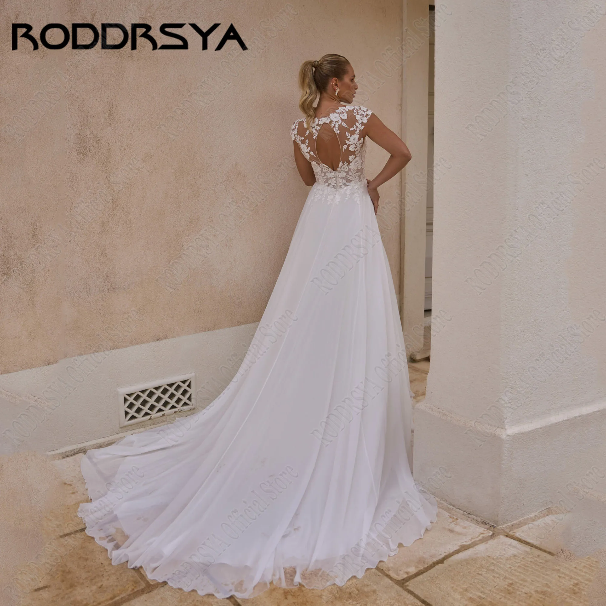 RODDRSYA Chiffon A-Line Wedding Gowns Cap Sleeves V-Neck Backless Civil Vestidos De Novia Side Split Sweep Train Applique 2