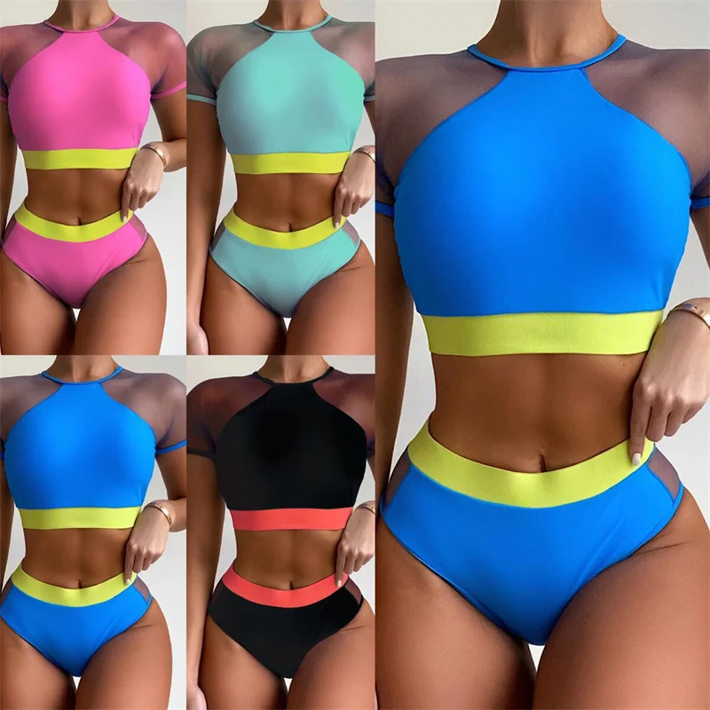 Short Sleeve Mesh Bandage Swimsuit High Waist Sexy Bikini Summer Beach High Quality Swimsuit Mujer Biquini