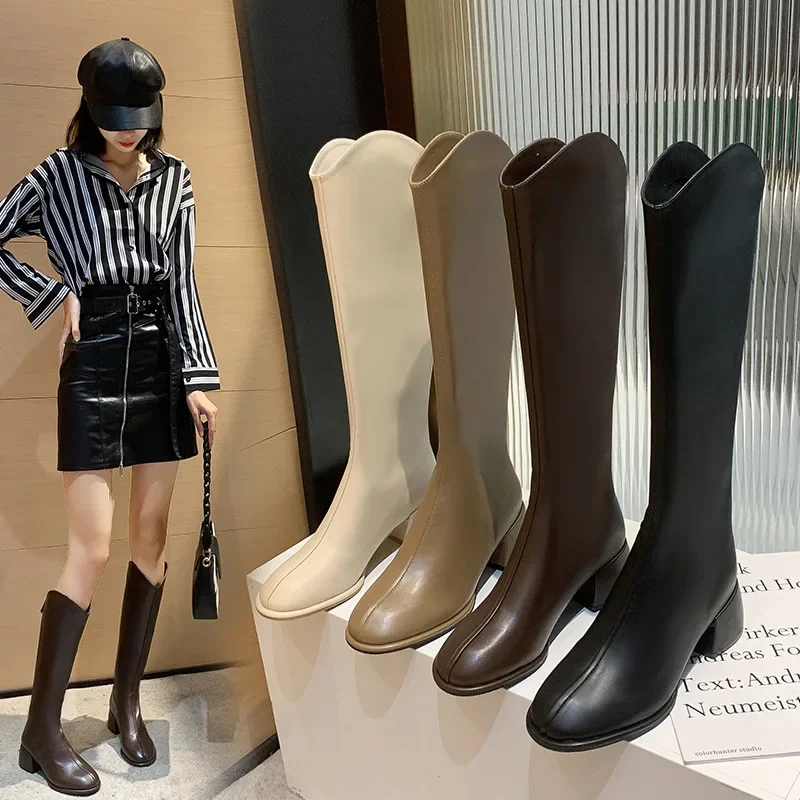 2023 New High Quality Women Boots Fashion Knee High Boots Thick Heel Ladies Long Slip on Autumn Winter Shoes Woman Length 34-43