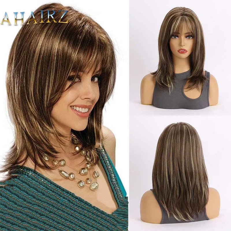 Long Straight Wig with Bangs Brown Mixed Light Gold Wig For Women Daily Party Synthetic Wigs Heat Resistant Fiber Fake Hair