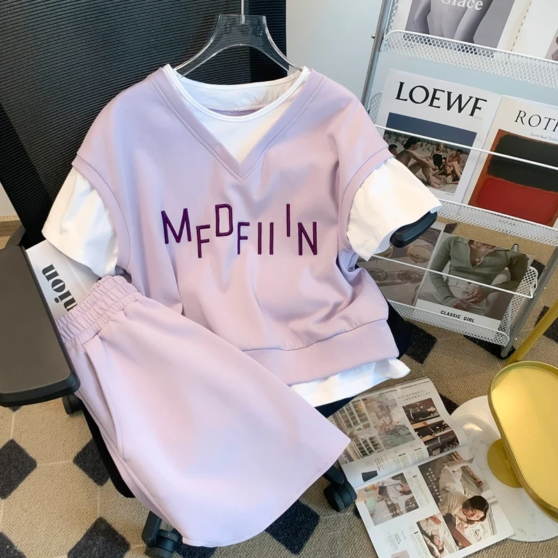 

2023 New Preppy style Summer Letter Embroidery T Shirt + Mini skirt Casual two-piece set Casual Students Tracksuits