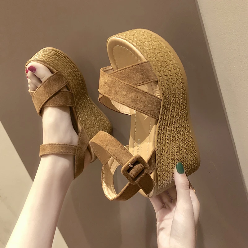 Fashion Womens Shoes Black Platform Sandals With Heel Suit Female Beige Buckle Strap Muffins shoe Luxury Espadrilles platform high heels sandals platform sandals ankle buckle sandals