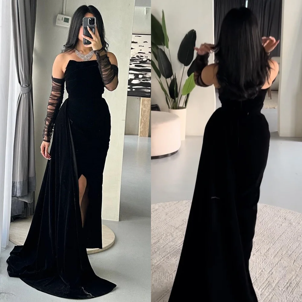 Prom Dress Saudi Arabia Velour Formal Evening A-line Strapless Bespoke Occasion  Anke Length