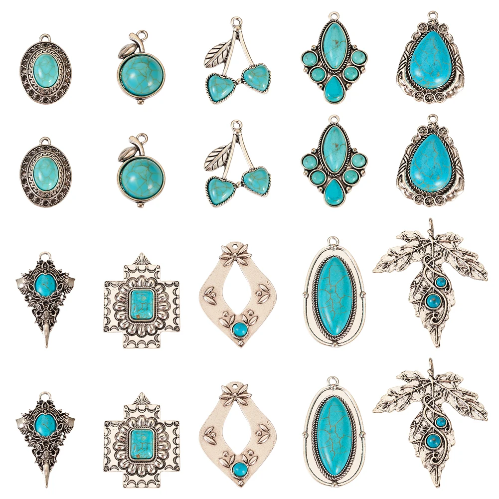 

20Pcs Dyed Synthetic Turquoise Tibetan Style Alloy Pendants Charms for Bohomia Earrings Necklace Jewelry DIY Making