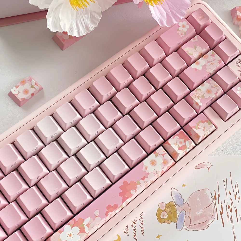 

Клавиши с розовым цветком вишни, вишневая фотография-передающая боковая гравировка, сублимационная механическая клавиатура, градиентные клавиши, клавиши
