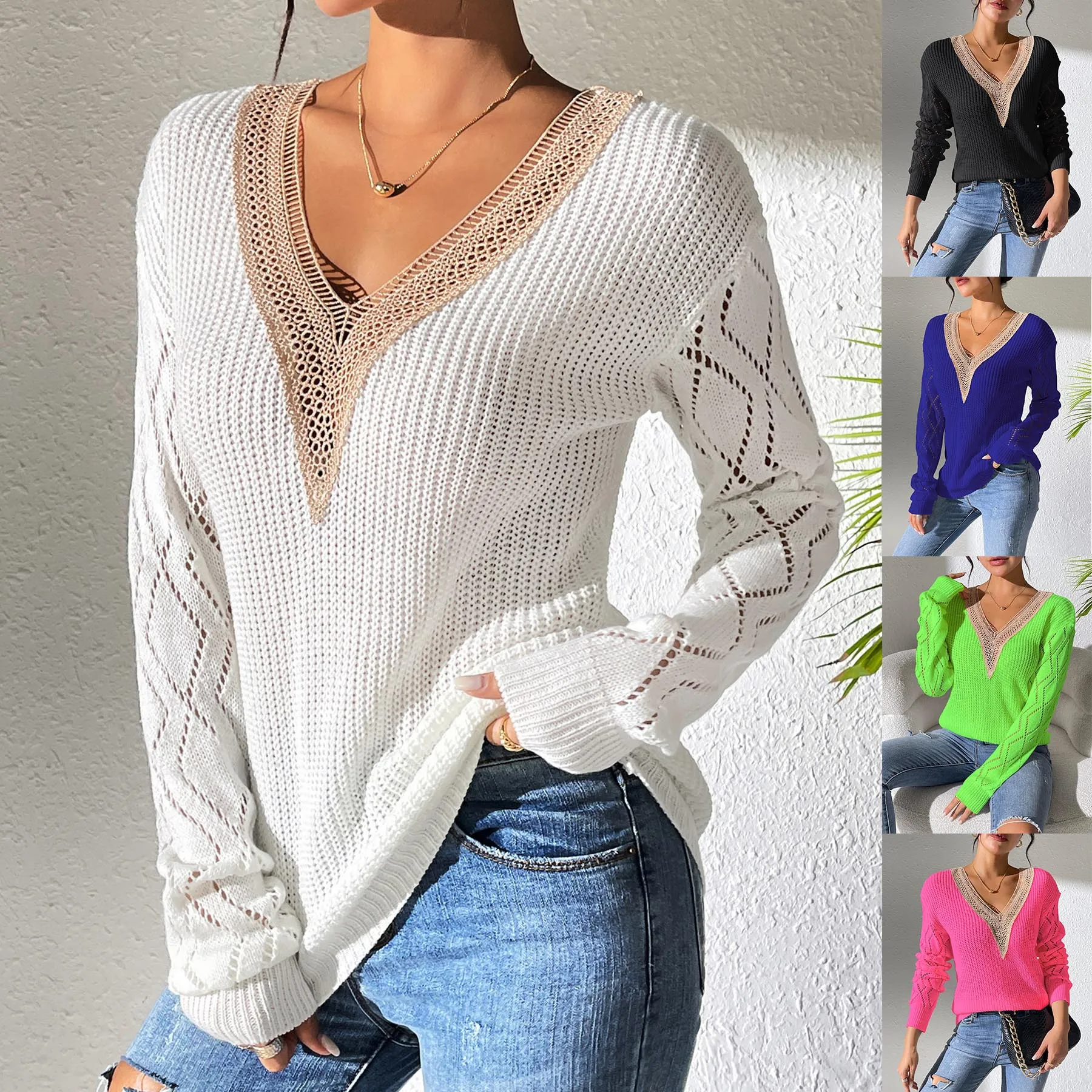 Women V Neck Long Sleeve Lace Knitted Pullover Sweater