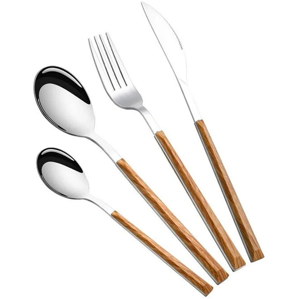 

4 PCS Stainless Steel Cutlery with Imitation Wooden Handle, Knife,Fork,Spoon,Western Cutlery,Comfortable to Hold