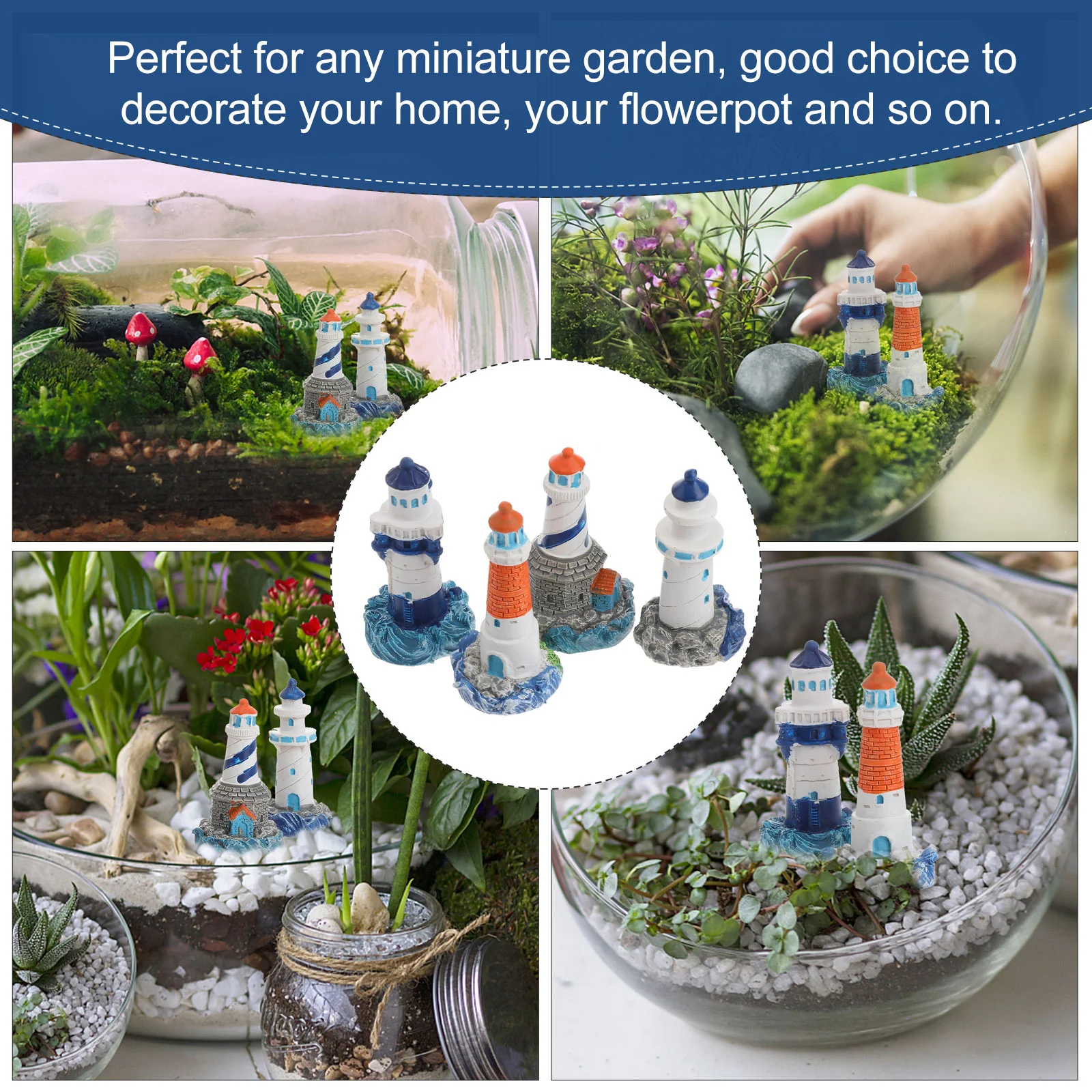 Yonuaret Modello di faro, faro in miniatura | Decorazioni decorative da tavolo per faro,Set di ornamenti per faro nautico in miniatura di 4 statuette