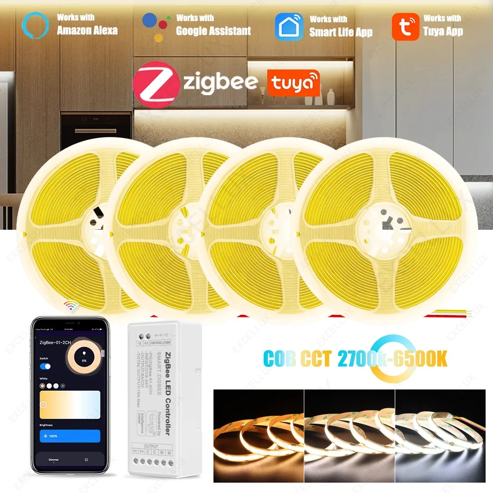 Светодиодная лента Tuya Zigbee COB CCT, 5 м, 10 м, 15 м, 20 м, 2700K-6500K, 24 В, 608 светодиодов/м