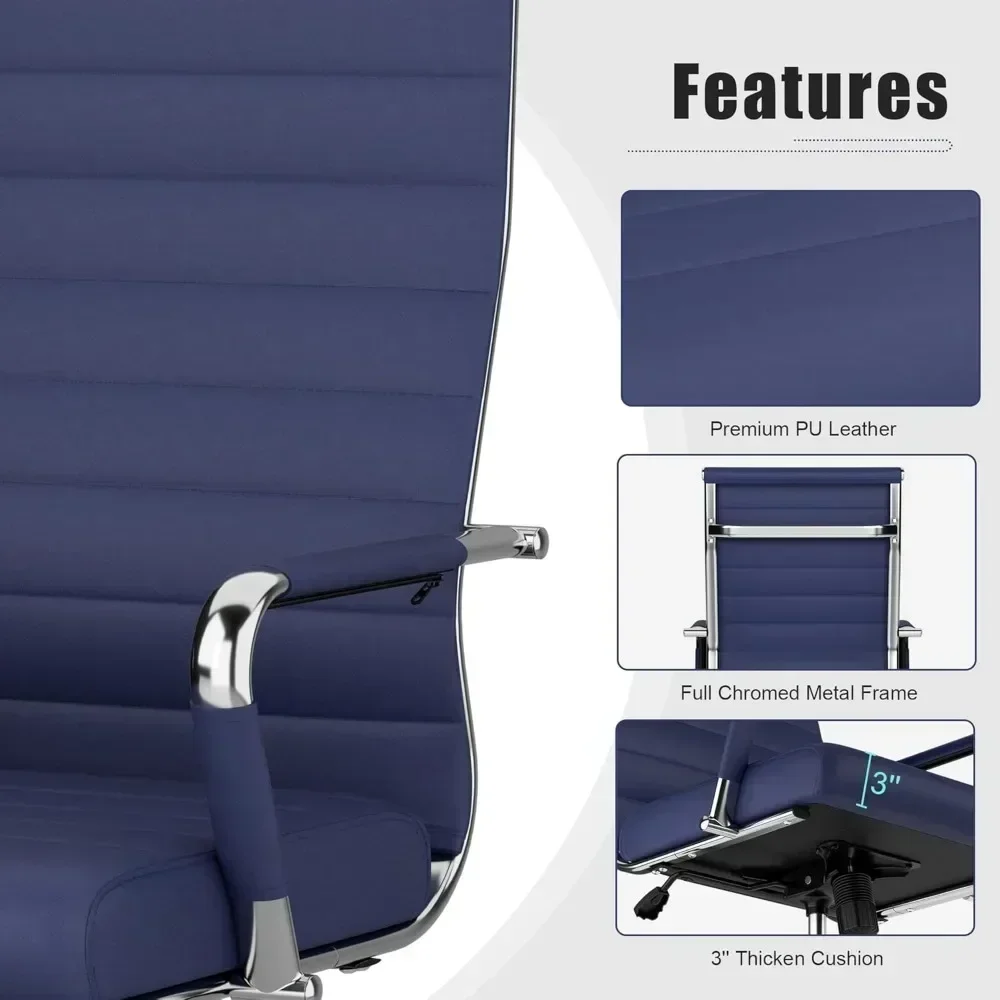 "ergonomic navy blue desk chair for office, modern leather swivel seat, executive ribbed adjustable height"
