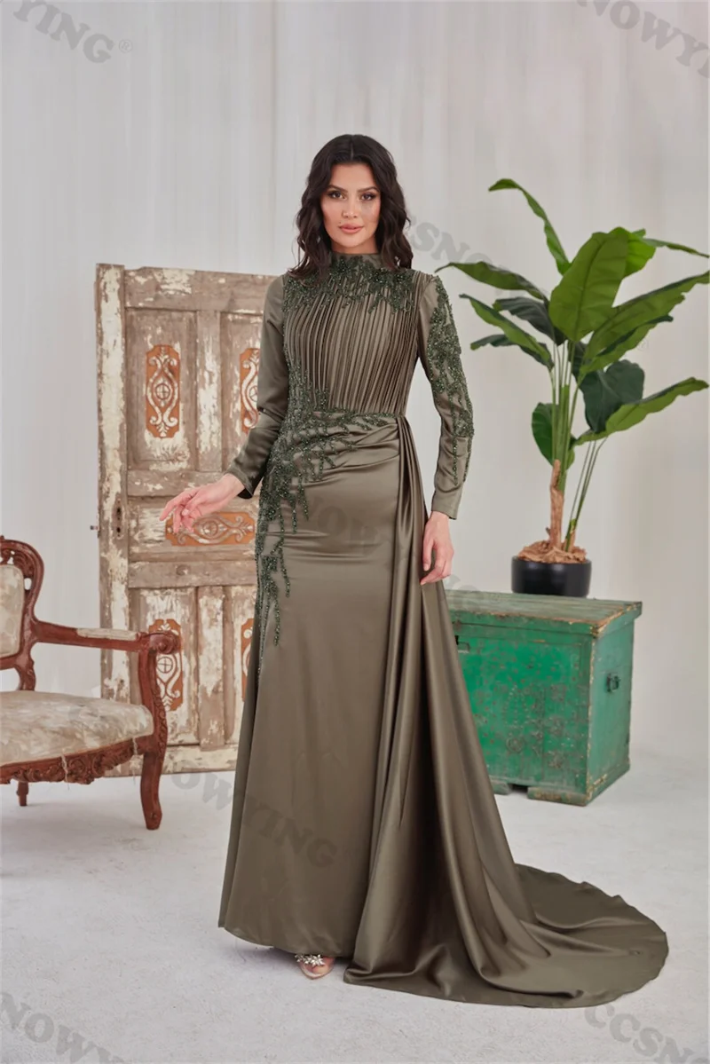 

Satin Appliques Beaded Muslim Evening Dresses Long Sleeve Islamic Women Prom Formal Party Gown Arabic Dubai Robes De Soirée