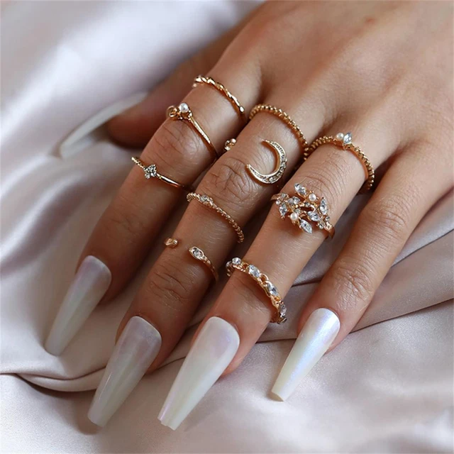 Trendy Boho Crystal Joint Ring Set For Women Geometric Knuckle Finger Rings  Female Wedding Party Jewelry