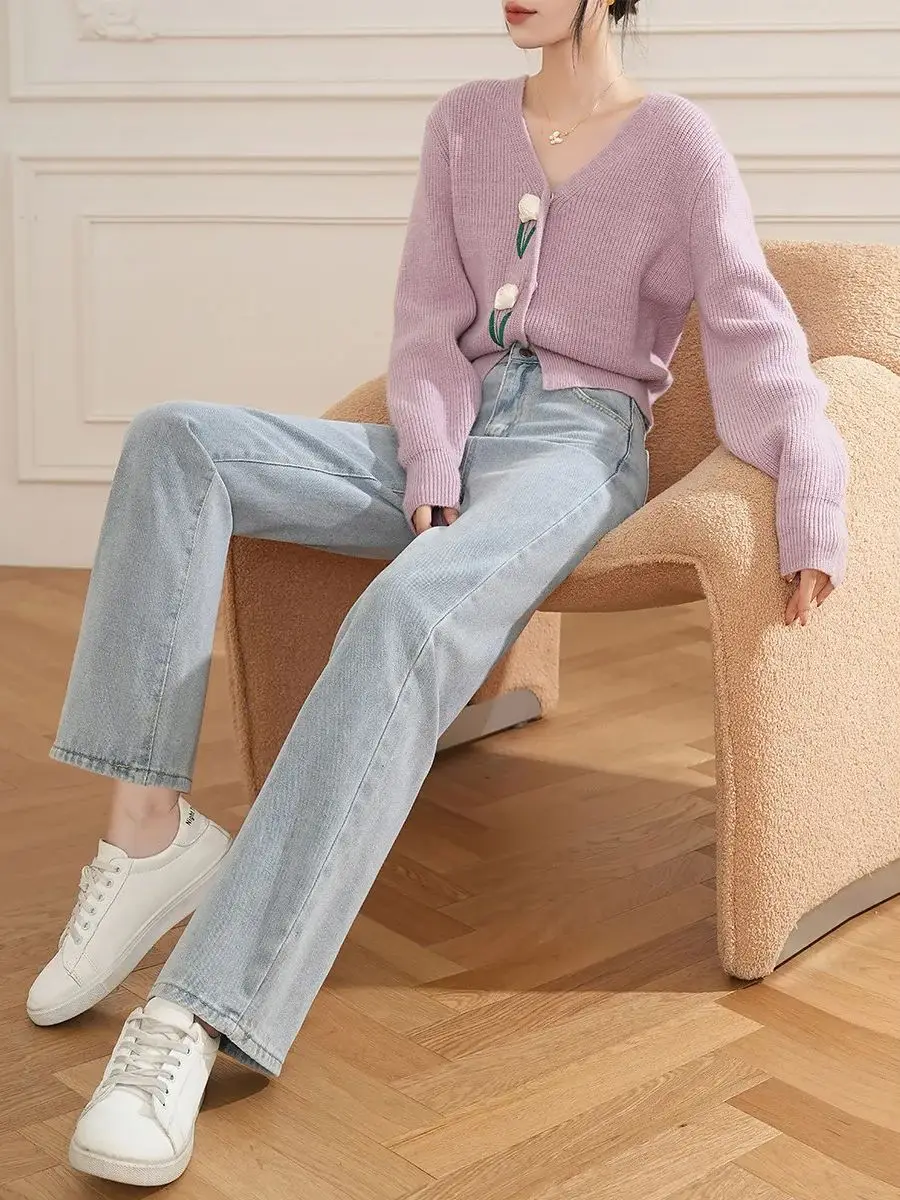 LOUIS YAO Women Jeans 2024 Spring Light Color Washed Denim Pants Loose Fit Straight Leg Pants Fashionable Long Trousers