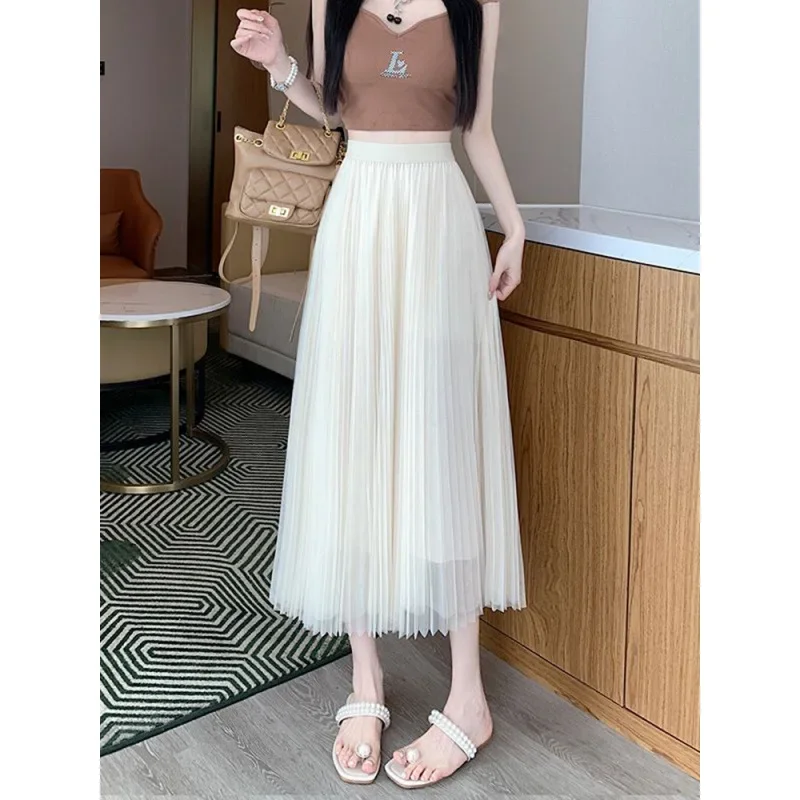 لربيع وصيف  نمط جديد للمرأة ميدي ألف خط تنورة الجنية الشاش نصف طول عالية الخصر ثنيات مظلة تنورة ألياف البوليستر