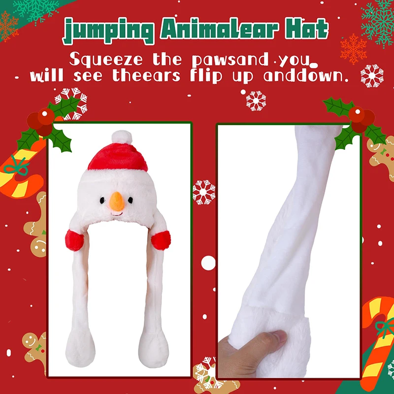 Snowman LED Light Ear Moving Hat for Christmas Cute Plush Hat with Glowing Luminous Cosplay Jumping up Moving Ears Cap for Kids plush hat toys