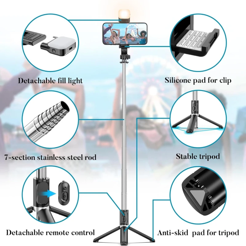 Portable Selfie Stick Tripod with Bluetooth Remote & LED Light
