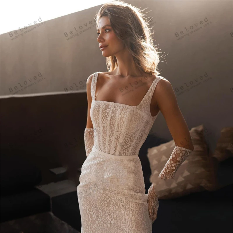 Modern Wedding Dresses Square Collar Bridal Gowns Spaghetti Straps Robes Lace Appliques Vintage Vestidos De Novia Customized 3