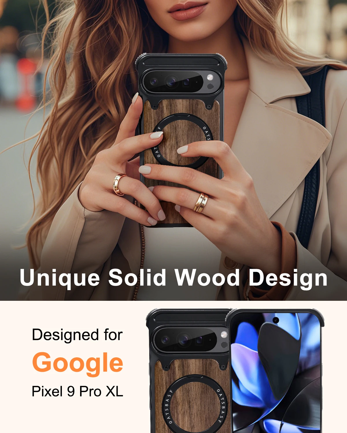 Oatsbasf Solid Wooden Phone Case with 360° Rotatable Stand and Magsafe, Frameless Shockproof Design