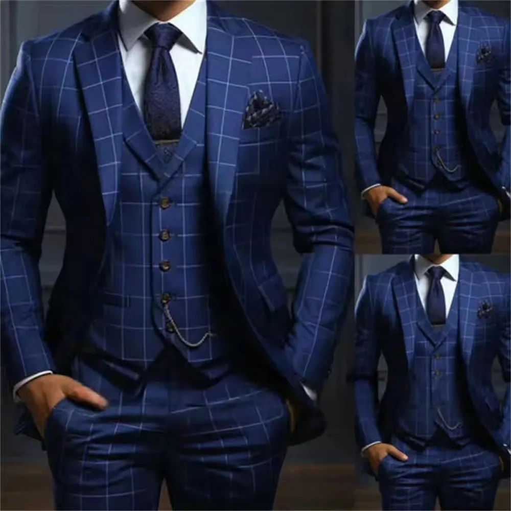Elegant Classic Men's Suits Slim Fit 3 Piece Single Breasted Notch Lapel Regular Length Outfits High Quality Jacket Pants Vest 3