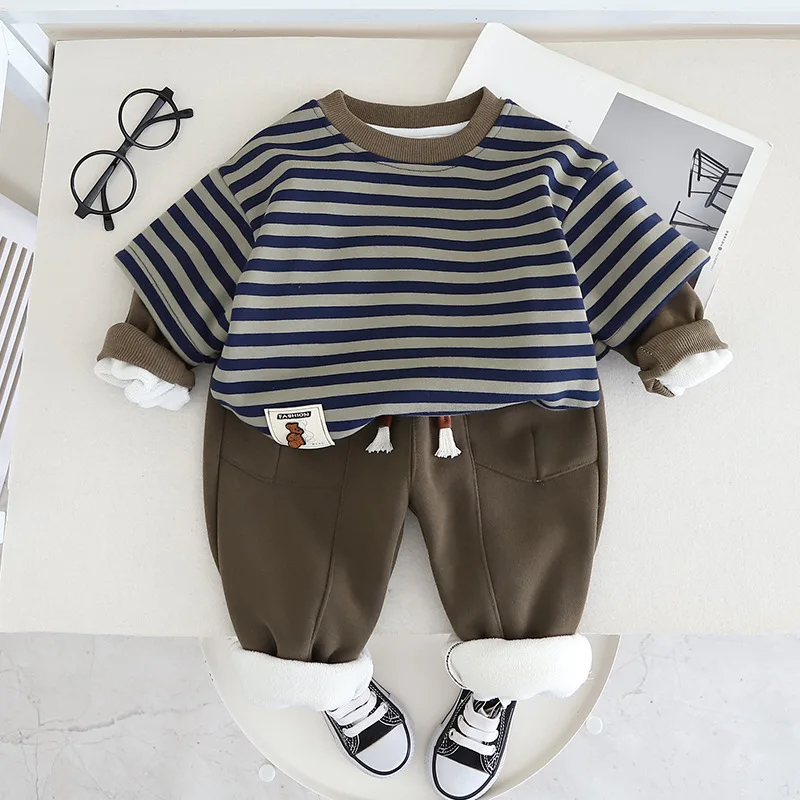 

2023 Toddler Baby Boy Clothes Long Sleeve Stripe Sweatshirt Pants Set Fall Winter Outfits
