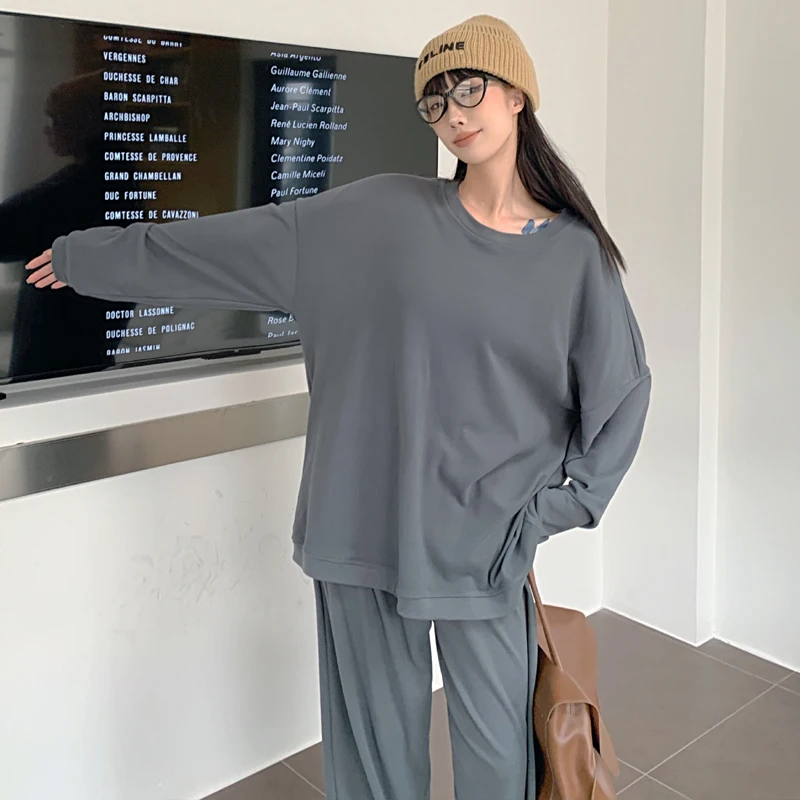 Autumn and Winter New Casual Loose Fit Large German Velvet Solid Color Set Pajamas Women's Simple Pullover Sports Home Fur