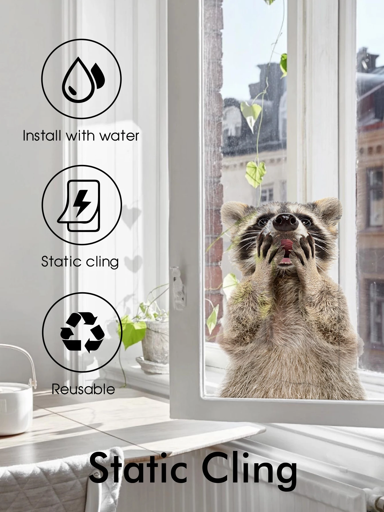 Gray Raccoon Pattern Design Window Sticker Waterproof Non Adhesive Self-Adhesive Tearable Window Sticker 1PC, window stickers