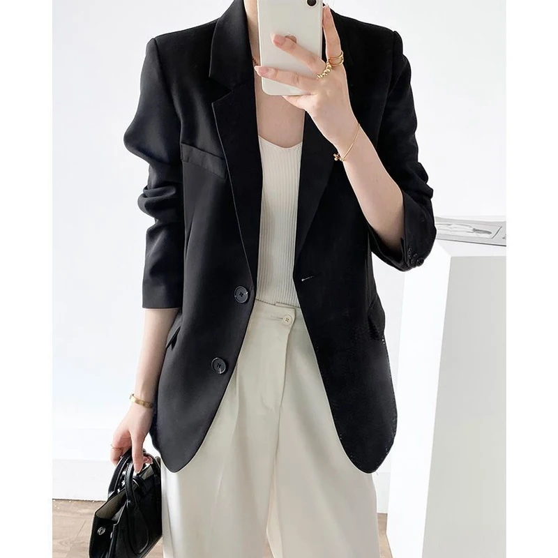Women Spring Trendy Minimalist Commuter Solid Loose Blazers Jacket Office Lady Elegant Chic Notched Collar Long Sleeve Suit Coat
