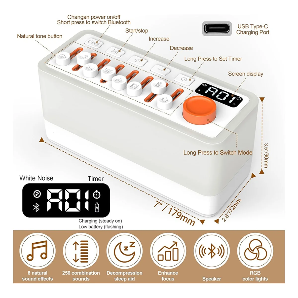 BOFO White Noise Sleep Sound Machine with 8 Nature Sounds, Portable Bluetooth Speaker, 12 Colors Night Lights