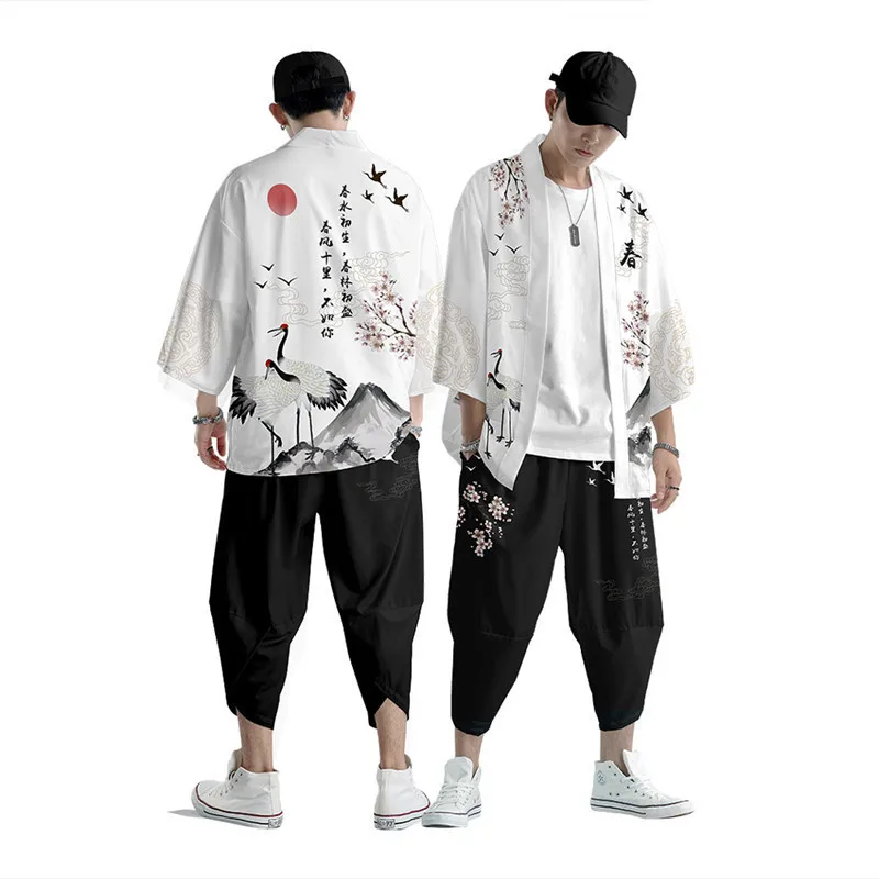 Japanese Kimono Cardigan Pants Set Fox Demon Men Women Shirt Tradition Yukata Haori Obi Cosplay Costume