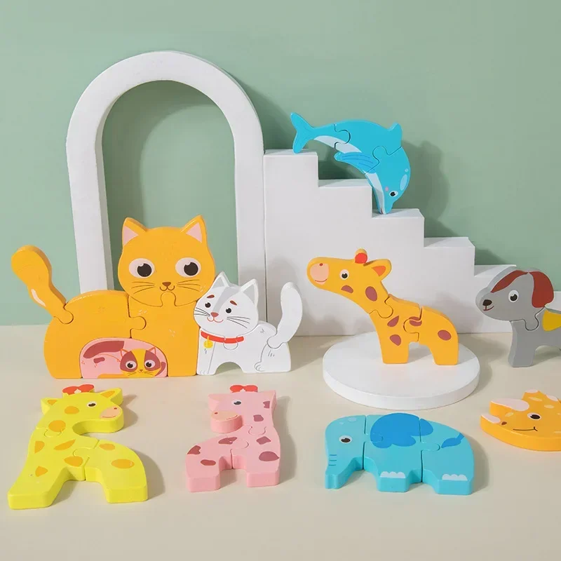 3D Wooden Puzzles Cartoon Animals Early Learning Cognition Intelligence Educational Puzzle Games for Children Montessori Toys 4