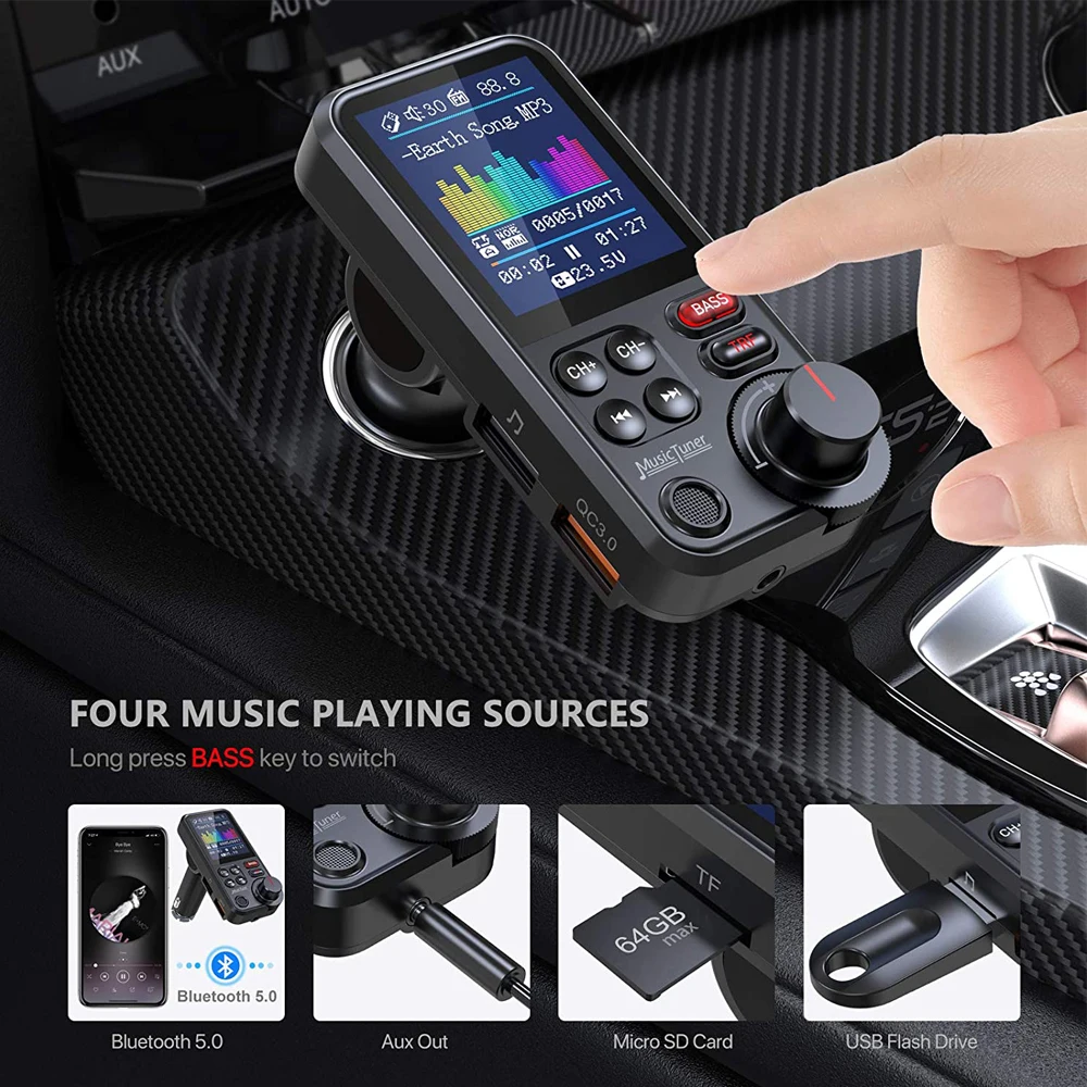 LED Auto Bluetooth 5.0 Handsfree FM Transmitter Modulator Car Kit Color Screen MP3 Music Player Adapter QC3.0 Dual USB Charger