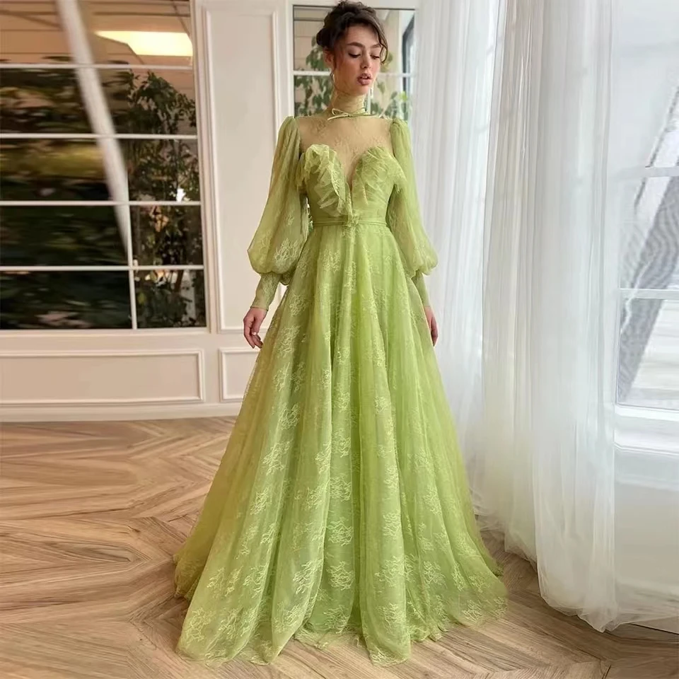 

Katerina Exquisite Lace Evening Dresses Women Puff Long Sleeves Prom Gowns High Neck Mint Green A Line Formal Party Dress