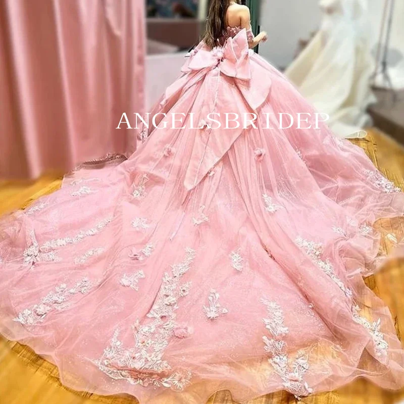 

Angelsbridep Luxury Pink Quinceanera Dresses Glittering 3D Flower Lace Appliques Vestidos De 15 Años Ball Gown Birthday Party