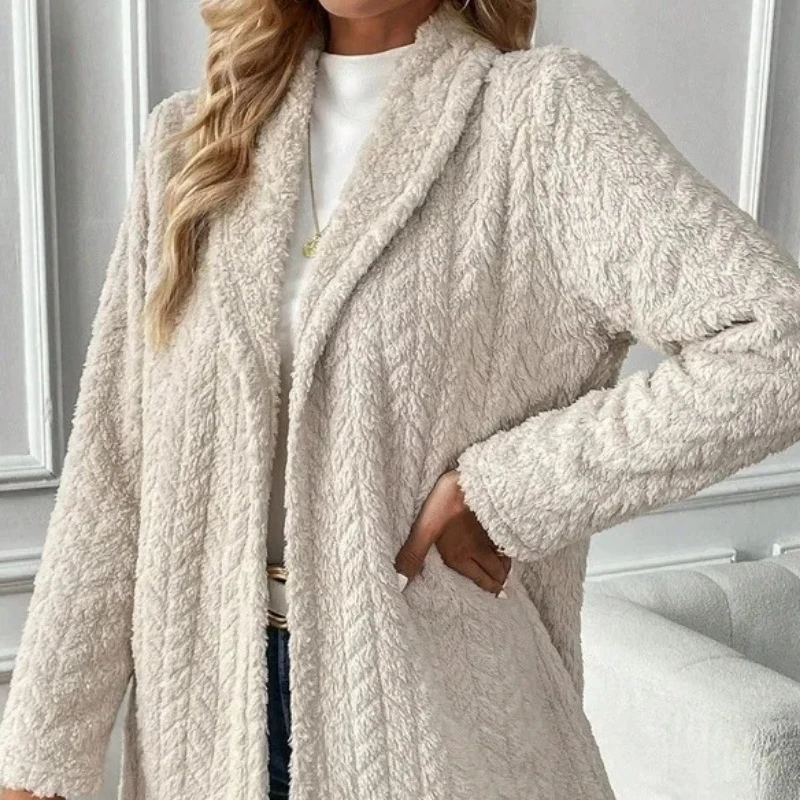 Breasted Lapel Teddy Coat, Versatile Long Sleeve Textured Thermal Winter Outwear, Women's Clothing