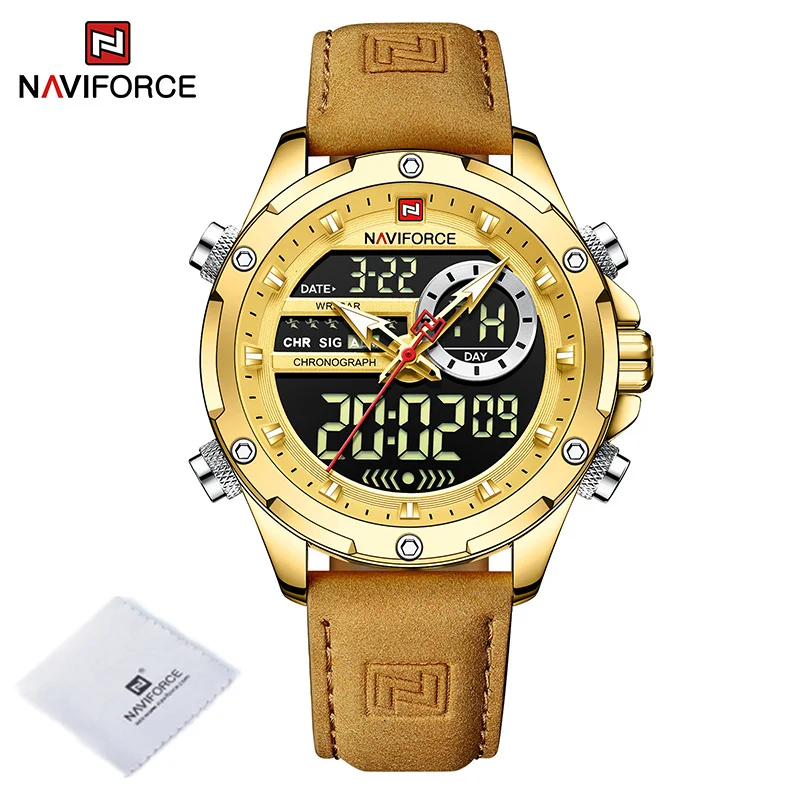 NAVIFORCE Fashion Watches for Men LED Digital Leather Strap Original Sport Wrist Watches Waterproof Male Clock Relogio Masculino 
