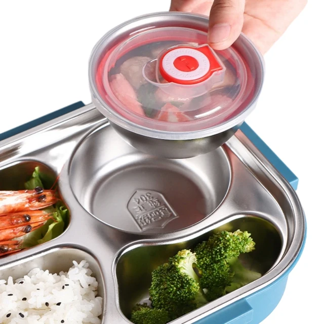 Boîte à lunch en acier inoxydable 304 à double couche avec cuillère et fourchette, bol en matériaux respectueux de l'environnement et sans danger pour les aliments avec poignée pour les enfants 4